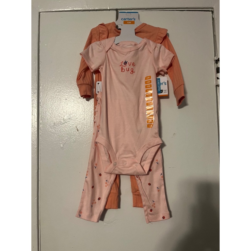 Carters Baby Girls 3-Piece Outfit Set 12M Pink Ladybug Bodysuit Pants Sleep Play - Picture 1 of 5